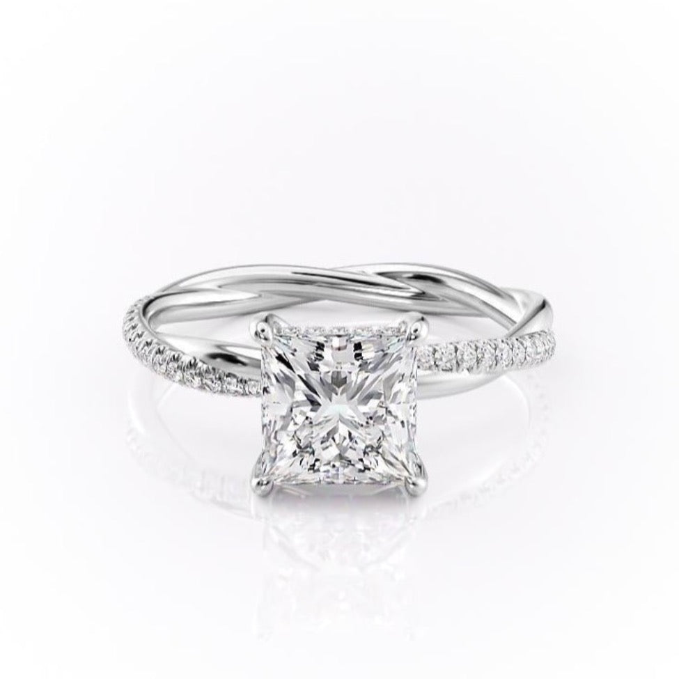 Princess Cut Moissanite Twisted Shoulder Set Ring With Hidden Halo