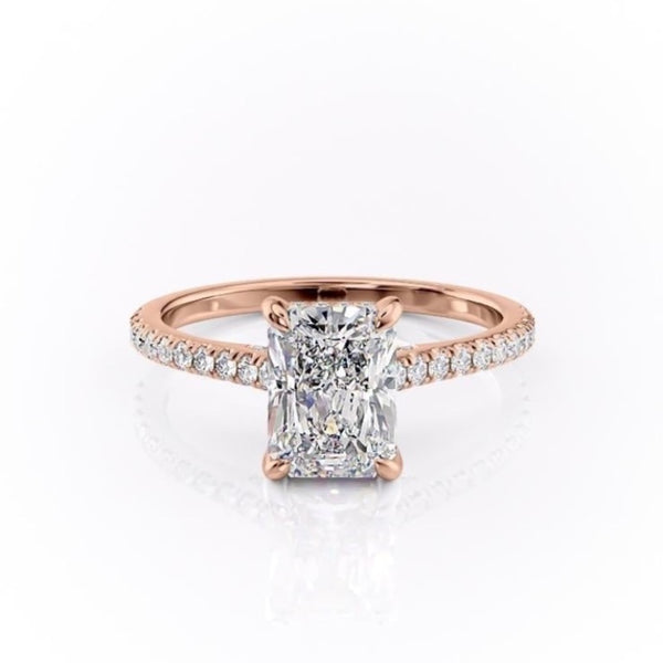 Radiant Cut Moissanite Shoulder Set Ring With Hidden Halo