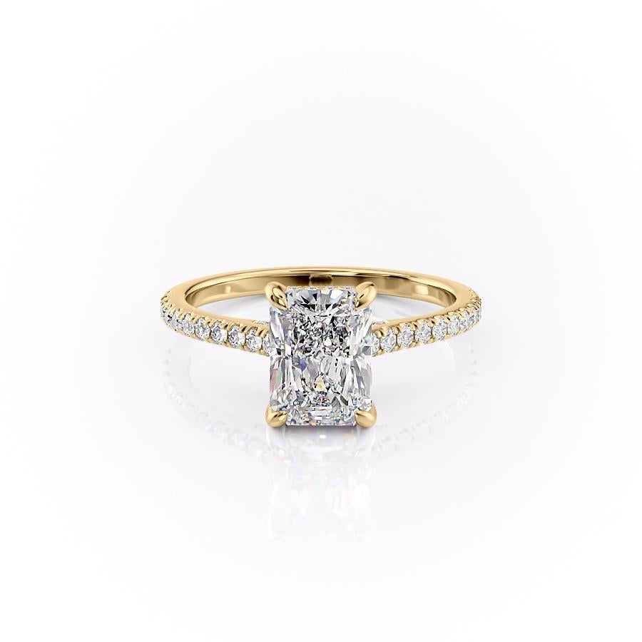 Radiant Cut Moissanite Shoulder Set Ring With Hidden Halo