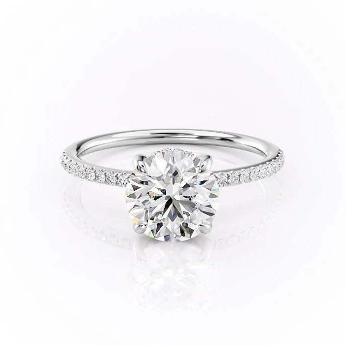 Round Cut Moissanite Engagement Ring, Plain Band With Hidden Halo