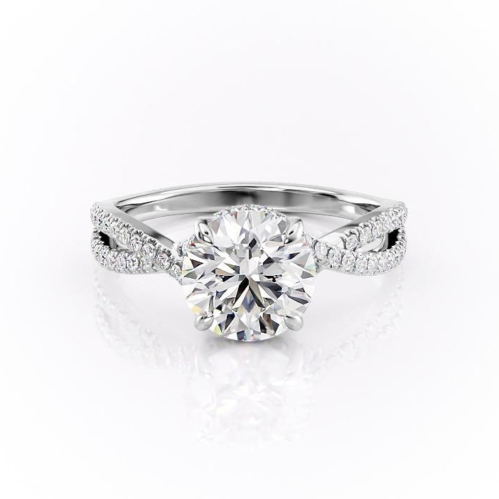 Round Cut Moissanite Engagement Ring, Twisted Stone Set Shoulders