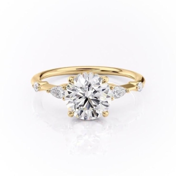 Round Cut Moissanite Shoulder Set Ring With Hidden Halo