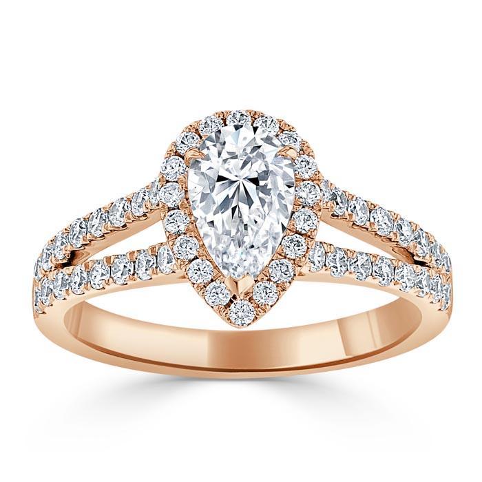 Pear Cut Moissanite Engagement Ring, Classic Halo with Split Shank