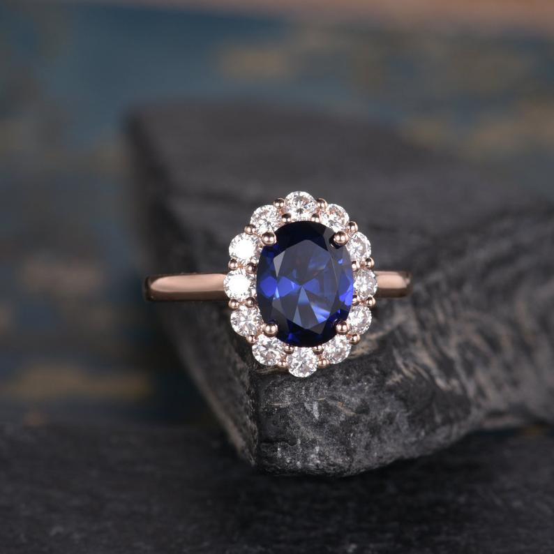 Blue Sapphire & Moissanite Ring, Halo Surround