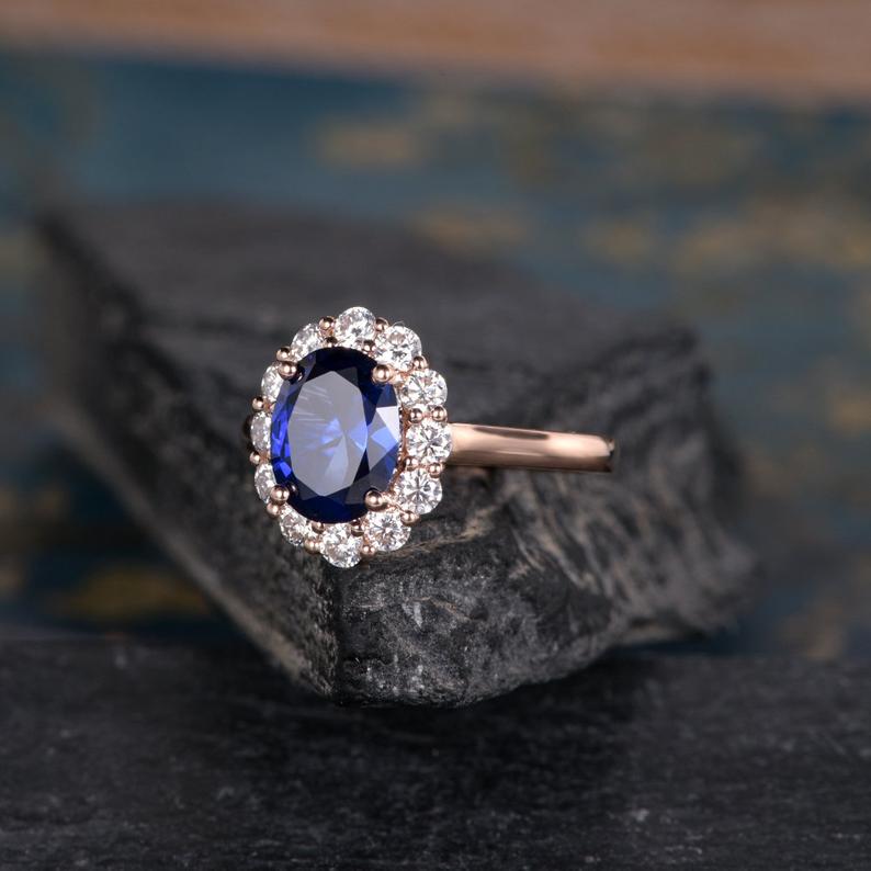 Blue Sapphire & Moissanite Ring, Halo Surround