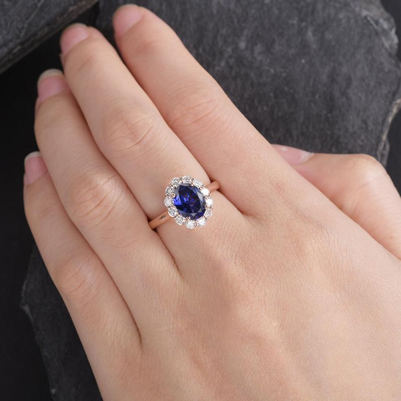 Blue Sapphire & Moissanite Ring, Halo Surround