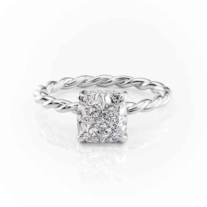 Cushion Cut Moissanite Ring, Twisted Band With Hidden Halo