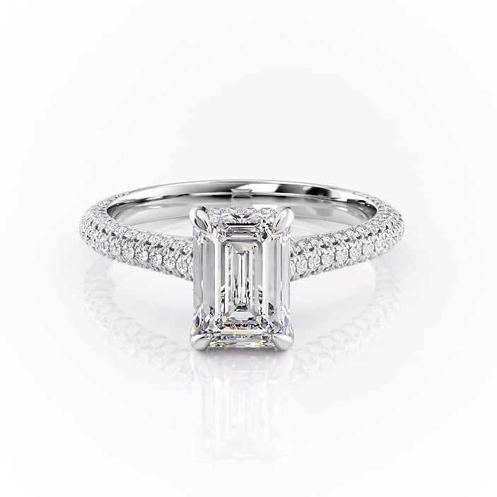 EMERALD CUT MOISSANITE ENGAGEMENT RING, PAVE SET SHOULDERS