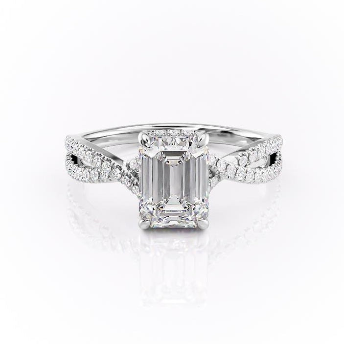 EMERALD CUT MOISSANITE ENGAGEMENT RING, TWISTED STONE SET SHOULDERS