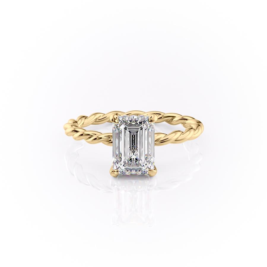 EMERALD CUT MOISSANITE ENGAGEMENT RING, TWISTED BAND WITH HIDDEN HALO