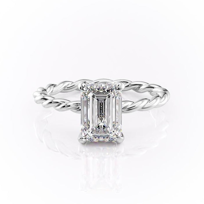 EMERALD CUT MOISSANITE ENGAGEMENT RING, TWISTED BAND WITH HIDDEN HALO