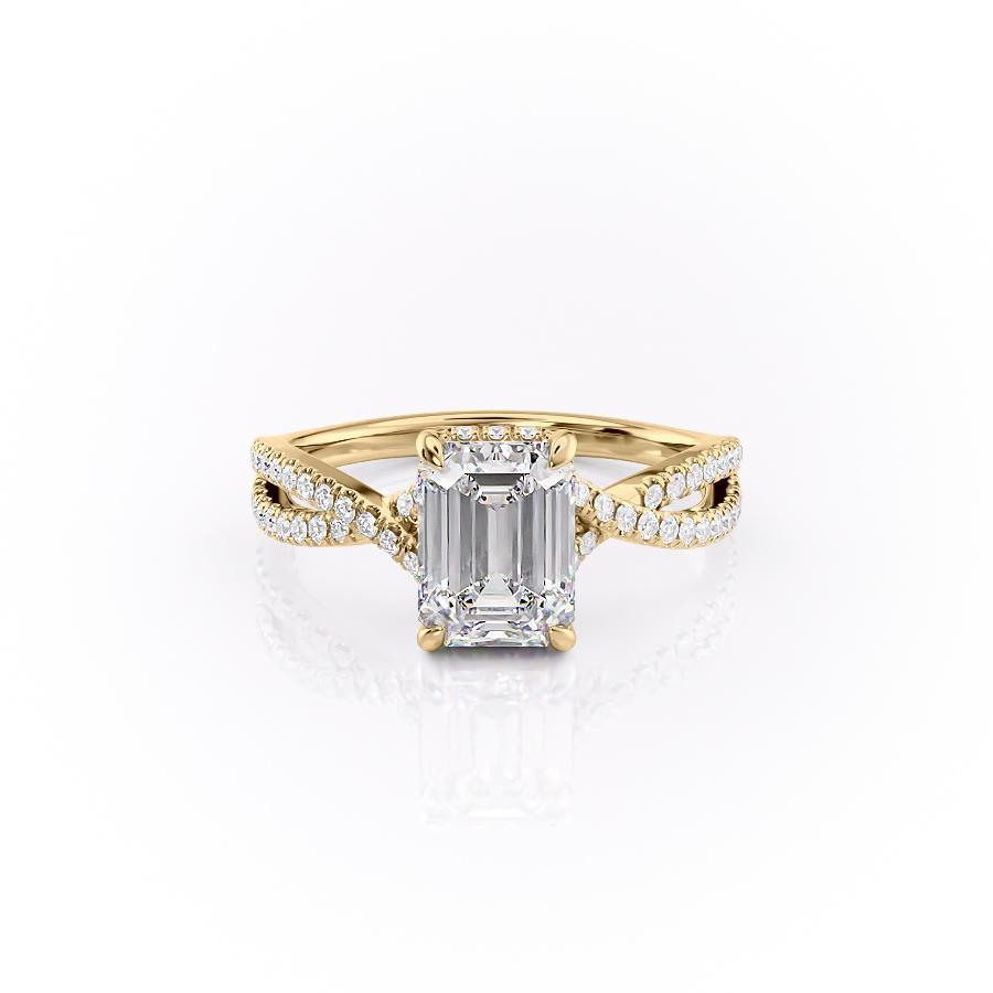 EMERALD CUT MOISSANITE ENGAGEMENT RING, TWISTED STONE SET SHOULDERS