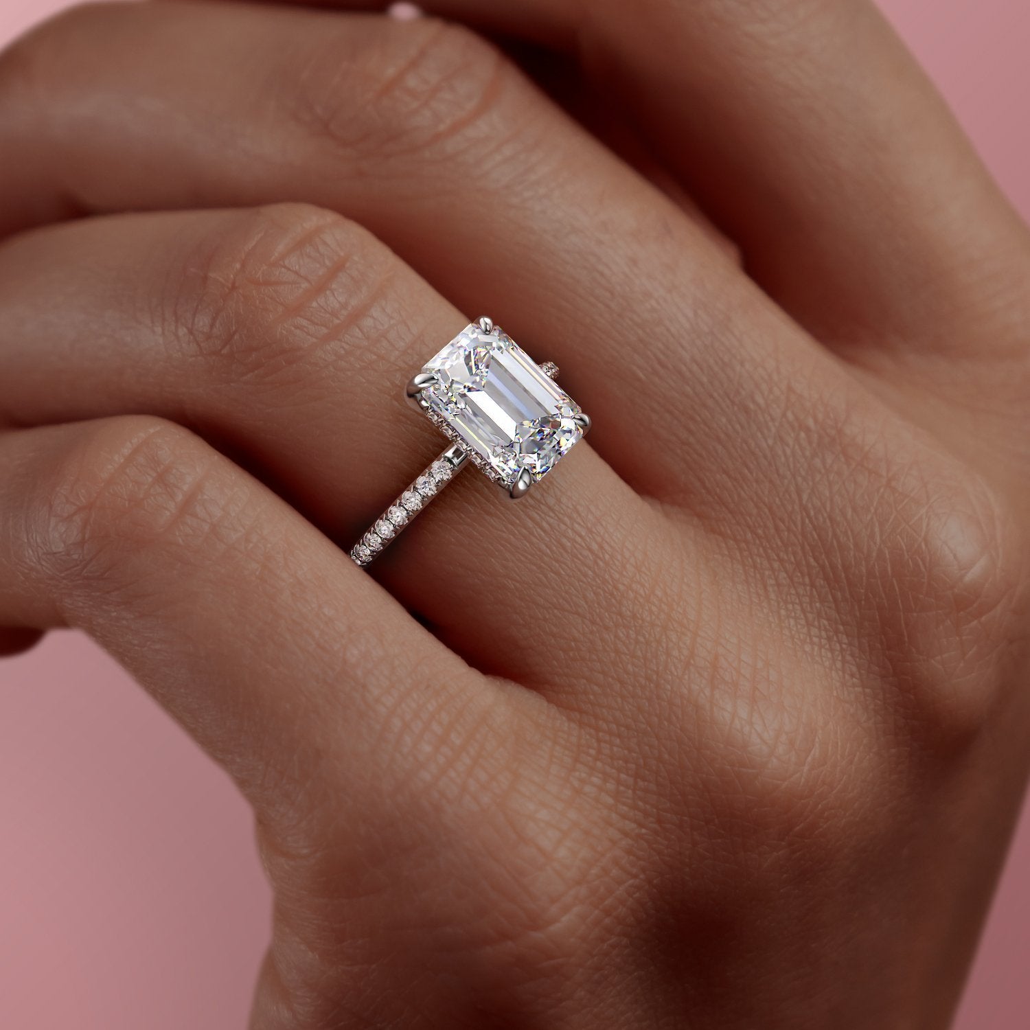 EMERALD CUT MOISSANITE ENGAGEMENT RING, HIDDEN HALO