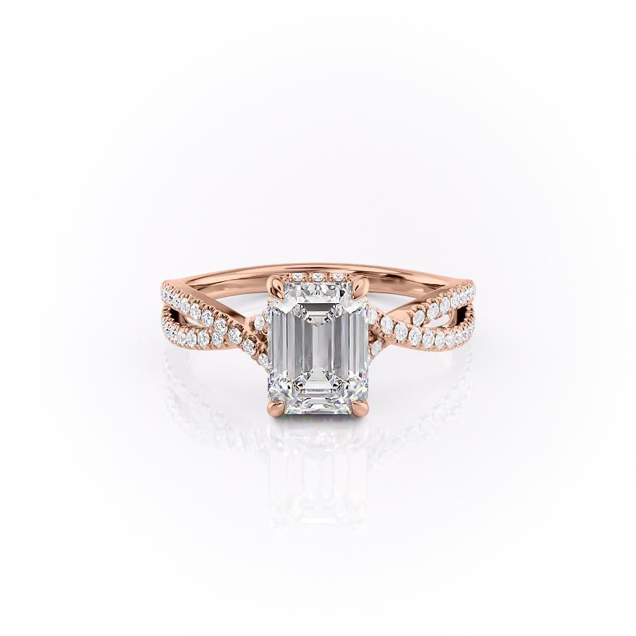 EMERALD CUT MOISSANITE ENGAGEMENT RING, TWISTED STONE SET SHOULDERS