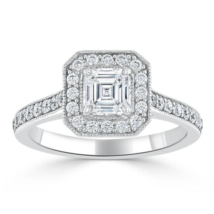 Asscher Cut Moissanite Engagement Ring, Classic Halo