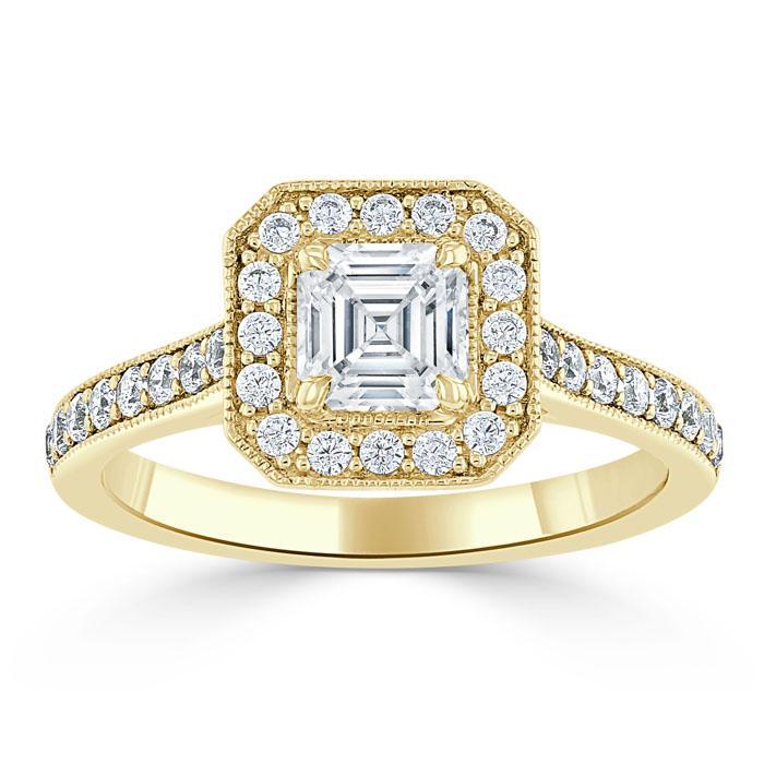 Asscher Cut Moissanite Engagement Ring, Classic Halo