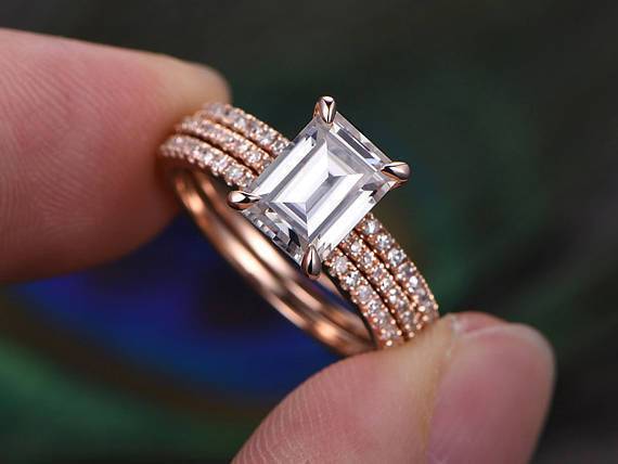 Emerald Cut Classic Style Ring Set, x 3 Rings