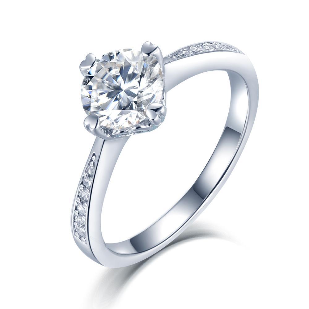 1.00ct Moissanite Engagement Ring, Four Claw Shoulder Set Design, Sterling Silver & Platinum