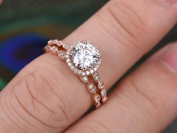 Vintage Style Halo Ring Set, Round Cut