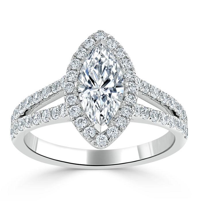 Marquise Cut Moissanite Halo Engagement Ring, Tiffany Style