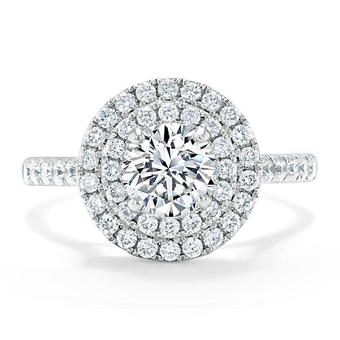 Round Cut Moissanite Double Halo Engagement Ring, Tiffany Style