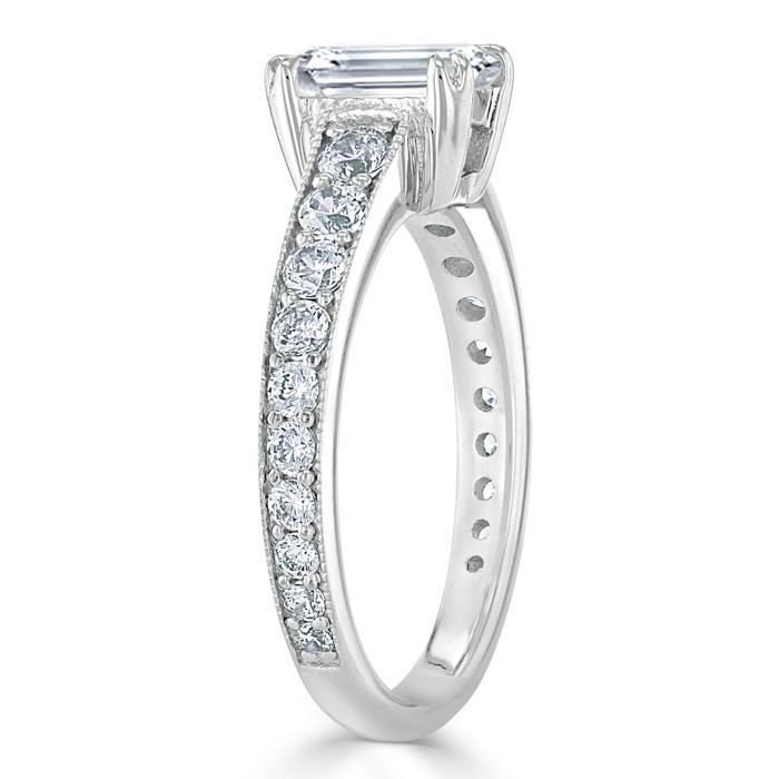 Emerald Cut Moissanite Engagement Ring, Tiffany Style