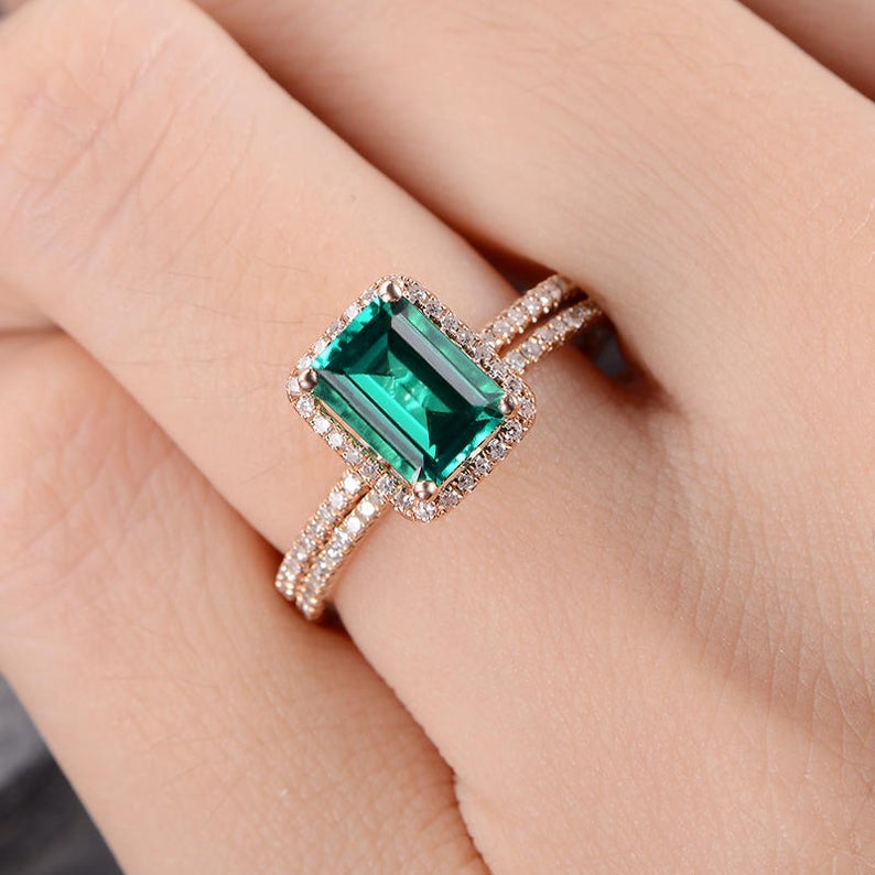 Lab Emerald & Moissanite Bridal Ring Set