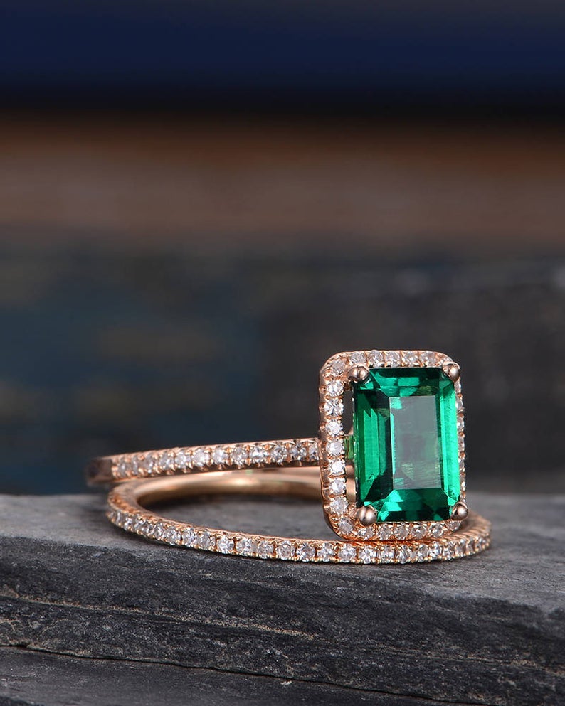 Lab Emerald & Moissanite Bridal Ring Set