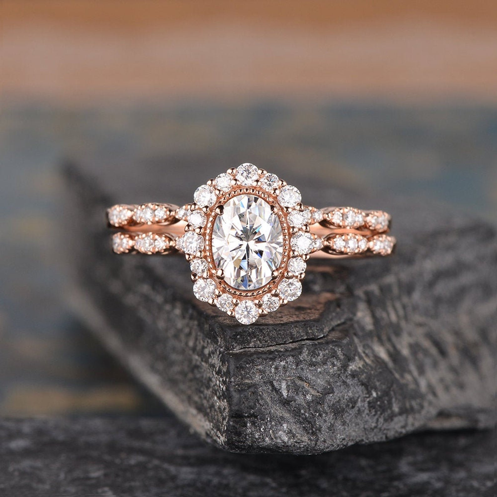 Oval Cut Moissanite Bridal Ring Set, Vintage Inspired