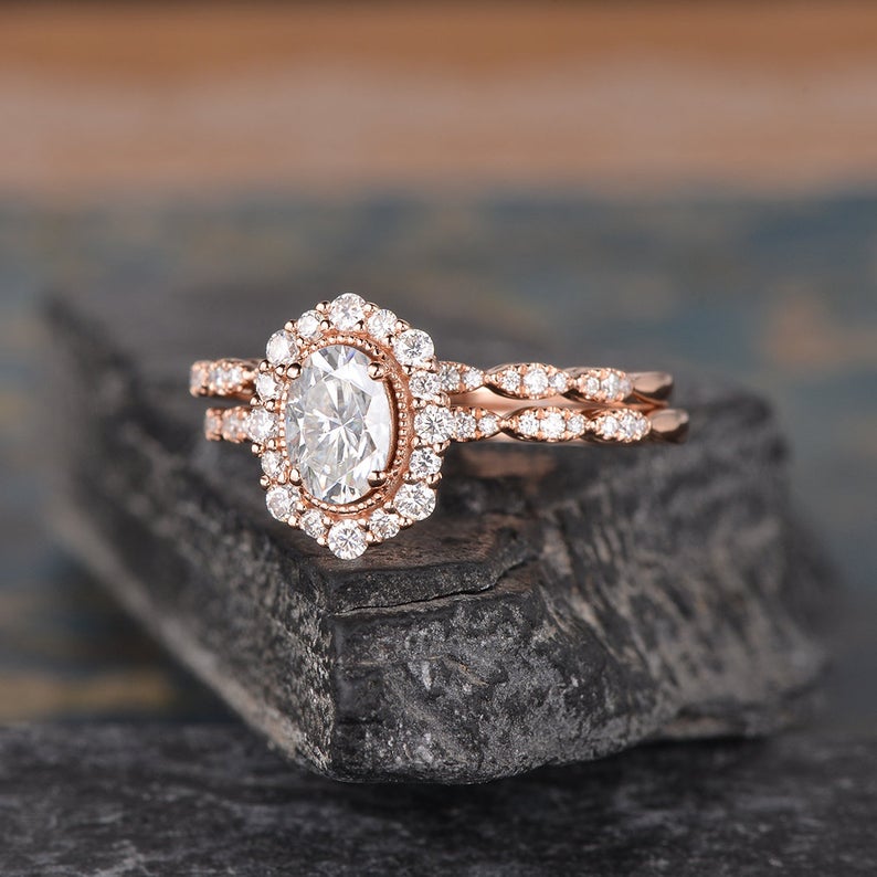 Oval Cut Moissanite Bridal Ring Set, Vintage Inspired