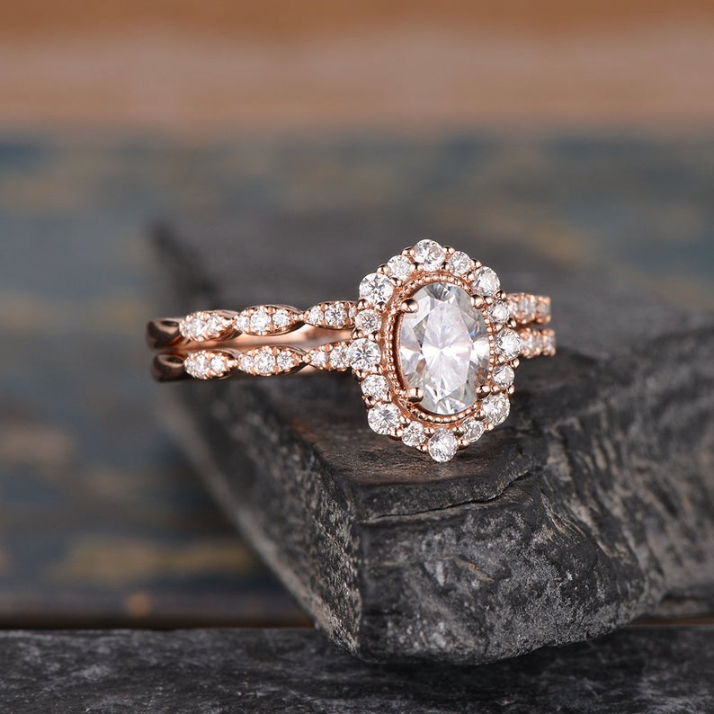 Oval Cut Moissanite Bridal Ring Set, Vintage Inspired