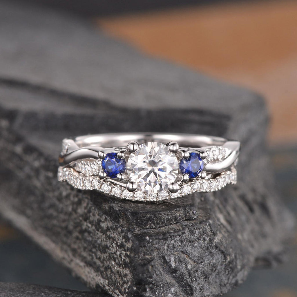 Round Cut Moissanite and Sapphire Ring set