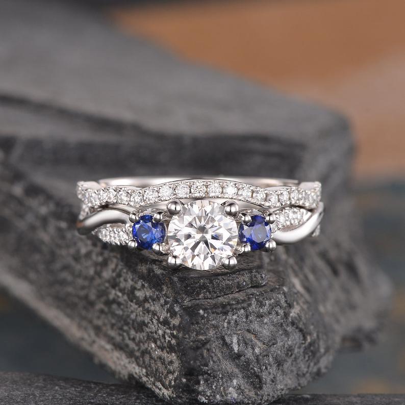 Round Cut Moissanite and Sapphire Ring set