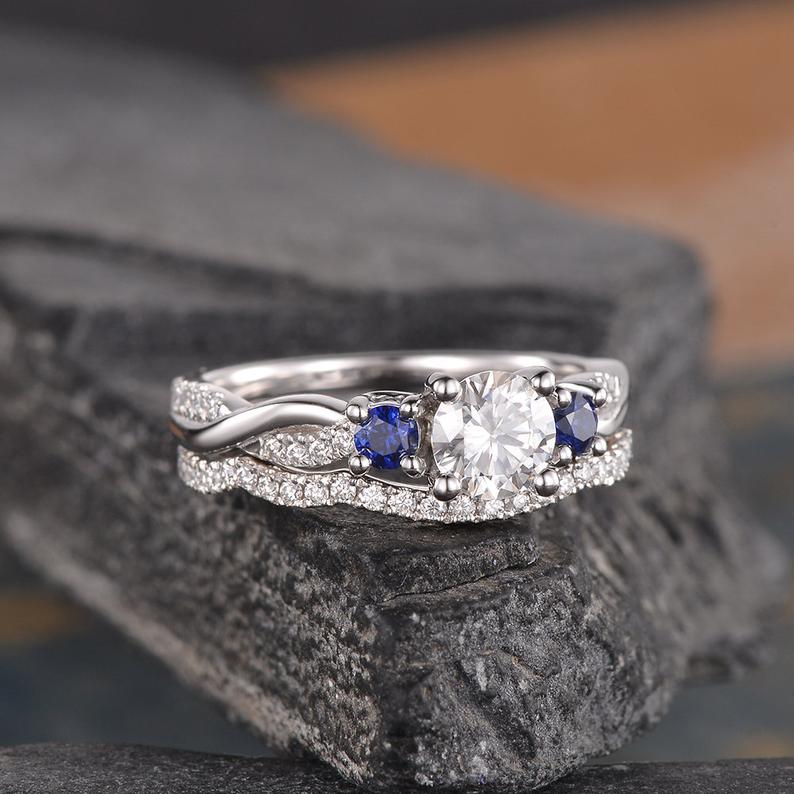 Round Cut Moissanite and Sapphire Ring set