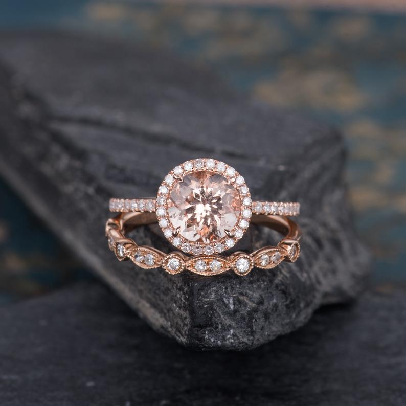 Round Cut Morganite & Moissanite Bridal Ring set