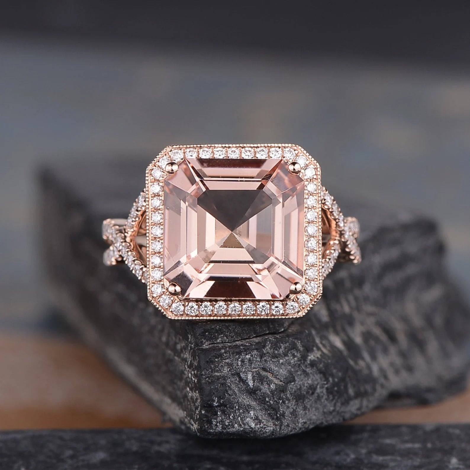 Asscher Cut Morganite Halo Ring