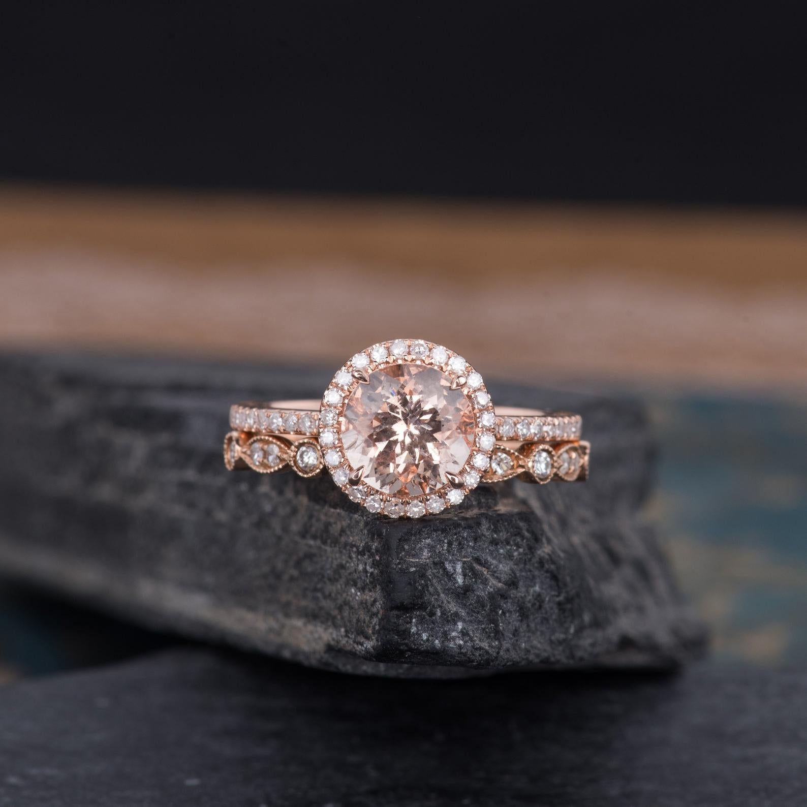 Round Cut Morganite & Moissanite Bridal Ring set