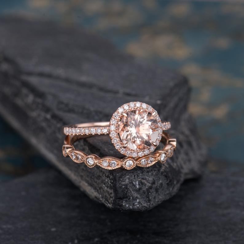 Round Cut Morganite & Moissanite Bridal Ring set