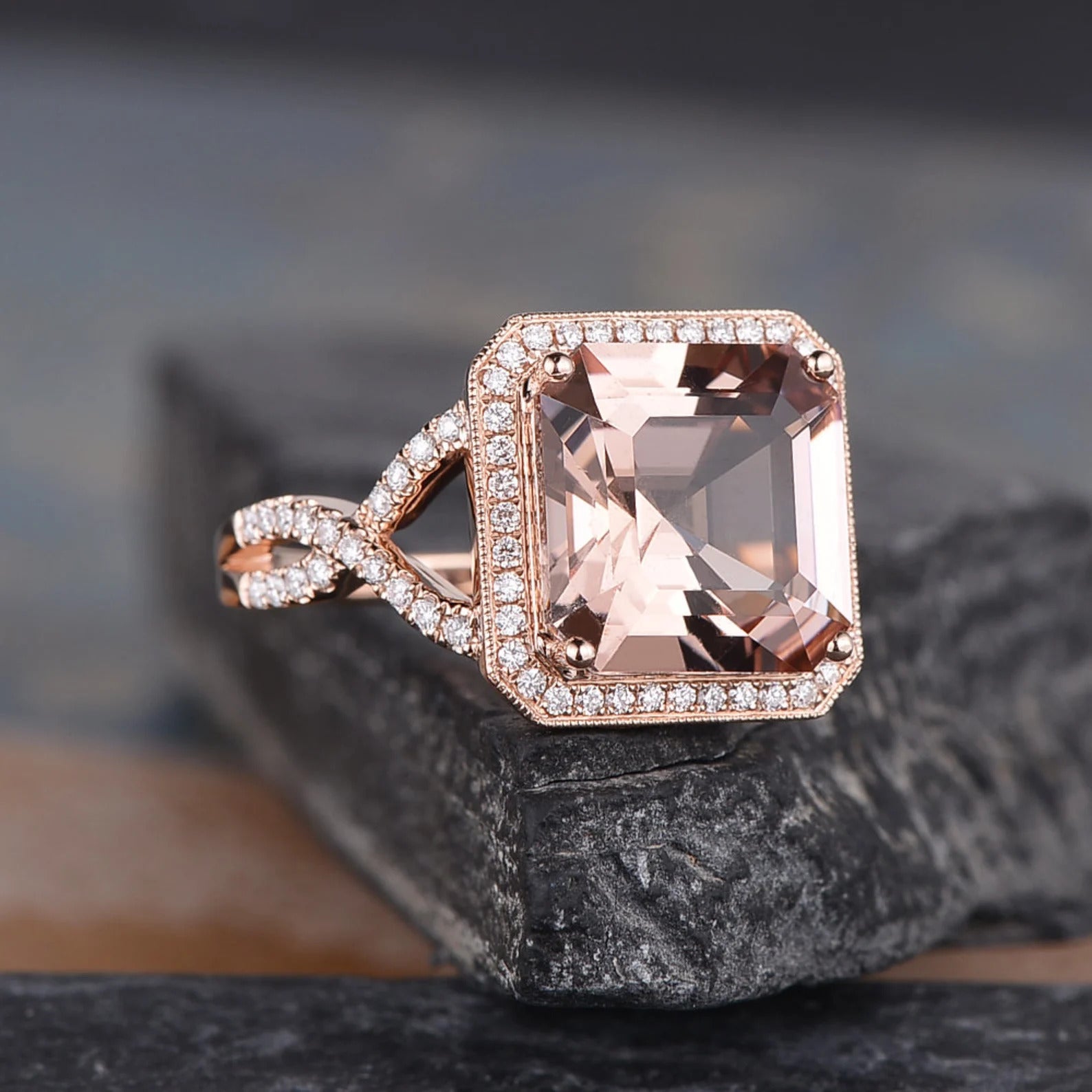 Asscher Cut Morganite Halo Ring