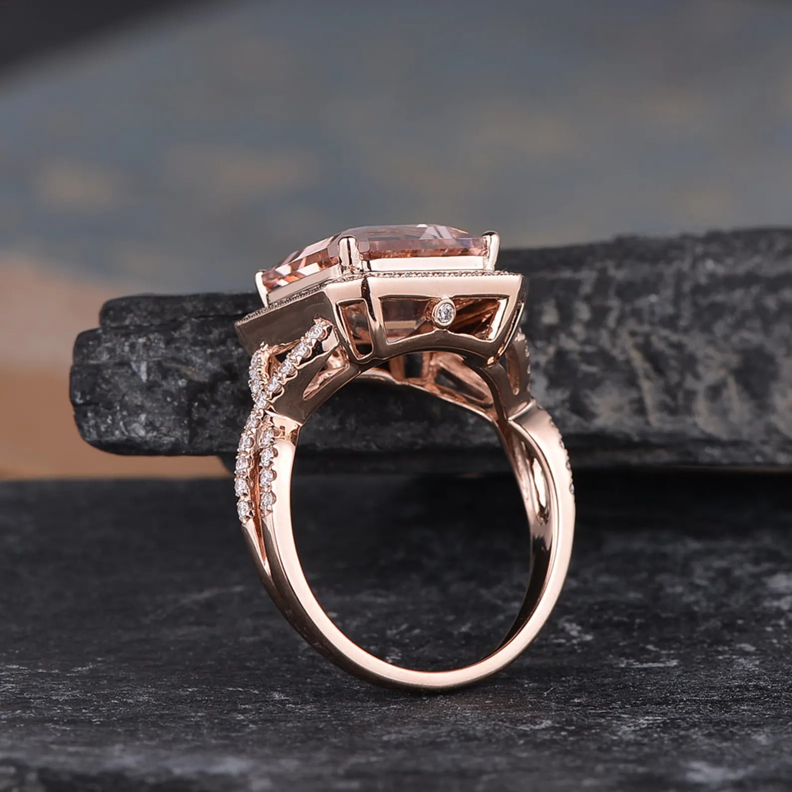 Asscher Cut Morganite Halo Ring