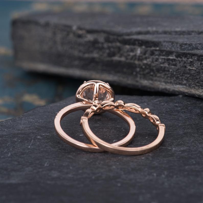 Round Cut Morganite & Moissanite Bridal Ring set