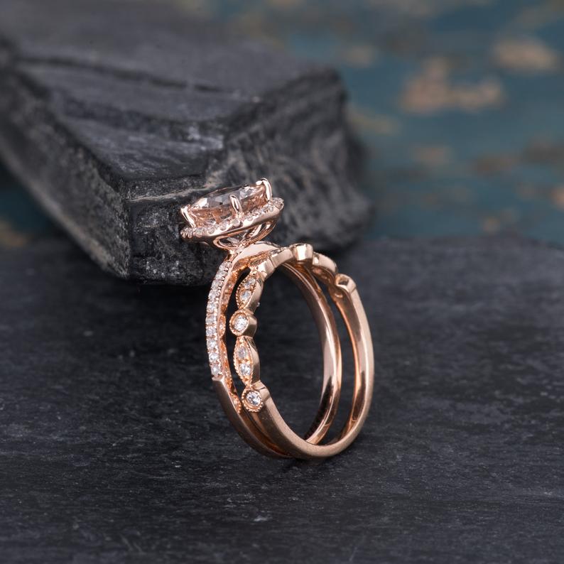 Round Cut Morganite & Moissanite Bridal Ring set