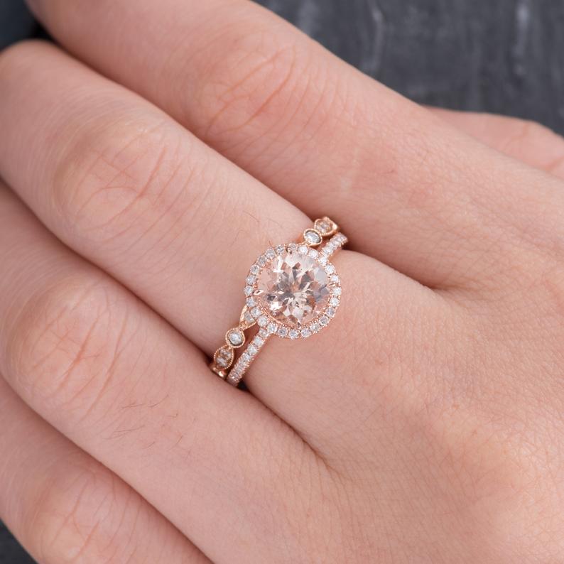 Round Cut Morganite & Moissanite Bridal Ring set