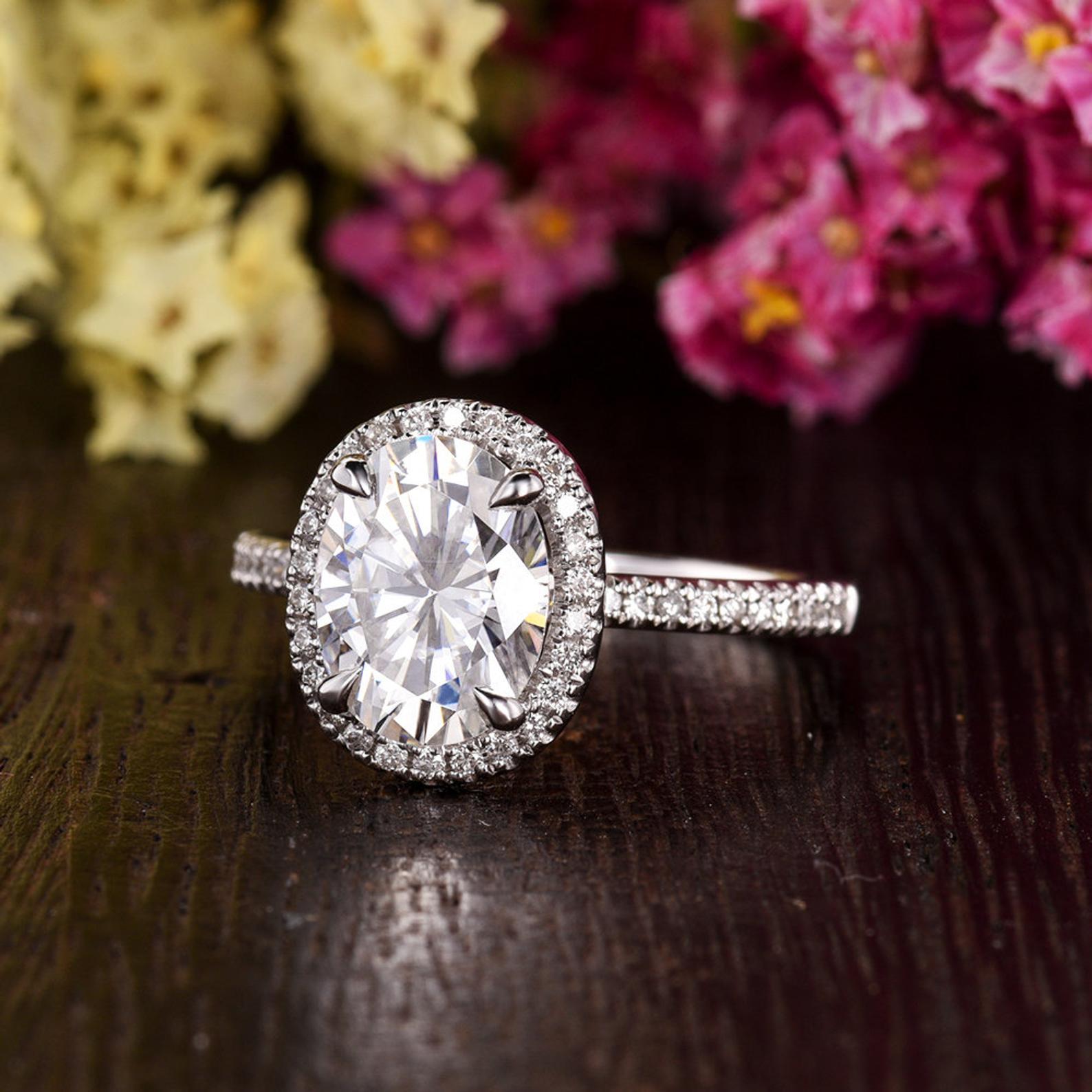 Oval Cut Moissanite Engagement Ring, Vintage Halo Design