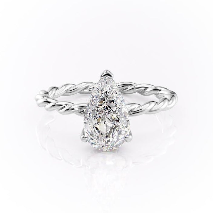 Pear Cut Moissanite Ring, Twisted Band With Hidden Halo