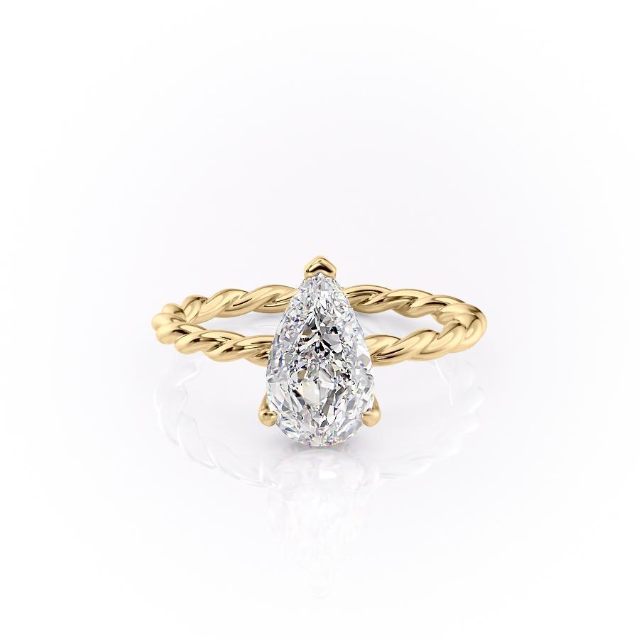 Pear Cut Moissanite Ring, Twisted Band With Hidden Halo