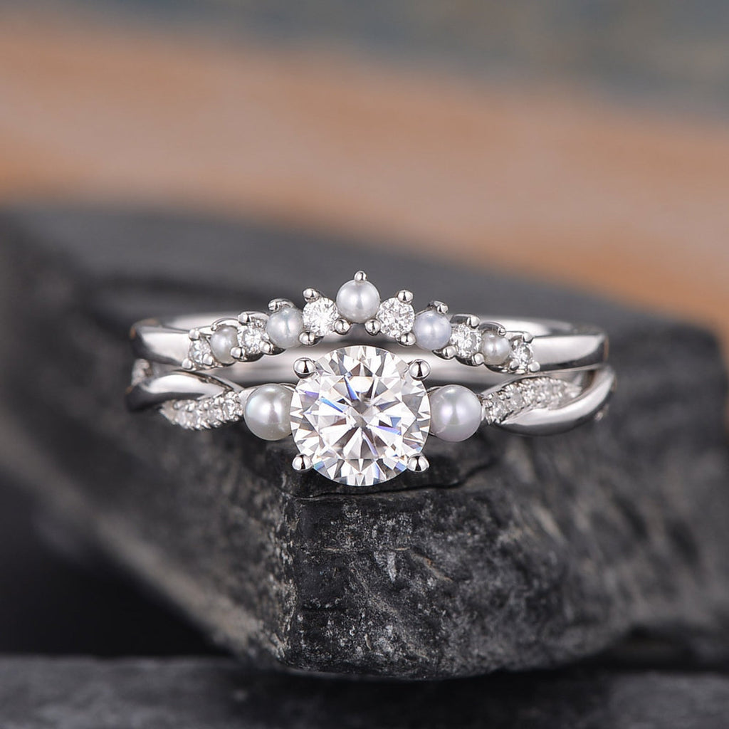 Pattiring 14K Rose Gold Pearl Engagement Ring Set - pattiring