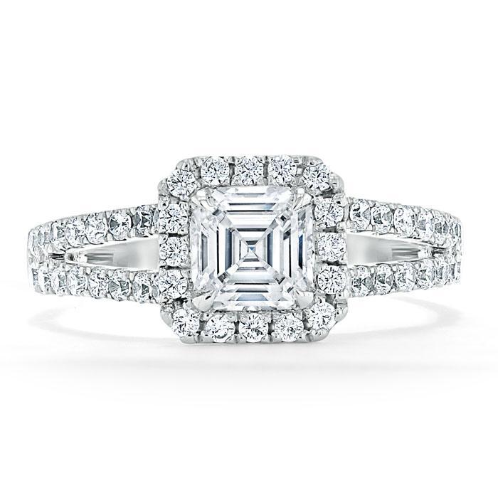 Asscher Cut Moissanite Engagement Ring, Classic Halo with Split Shank