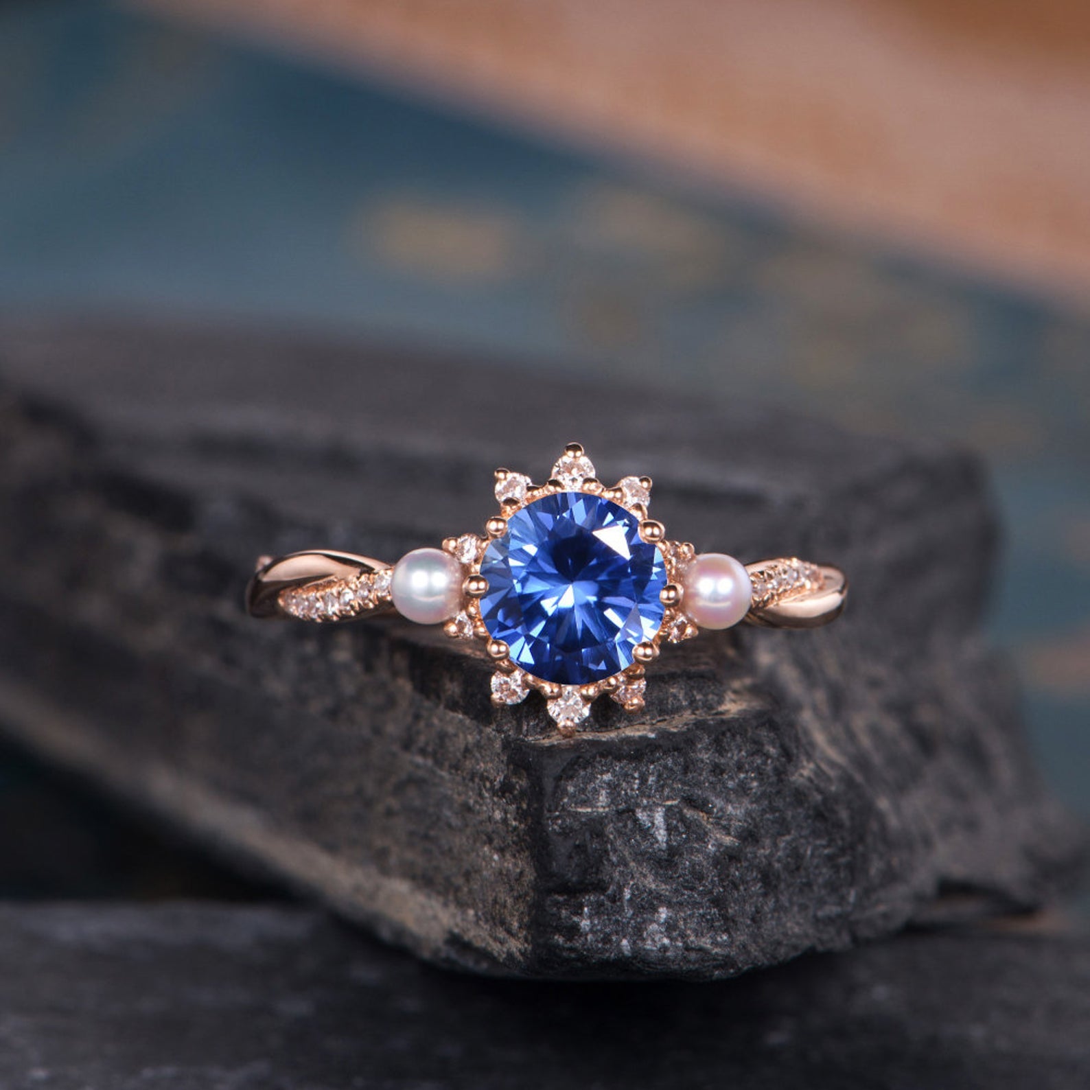 Blue Sapphire & Akoya Pearl Ring, Halo Surround