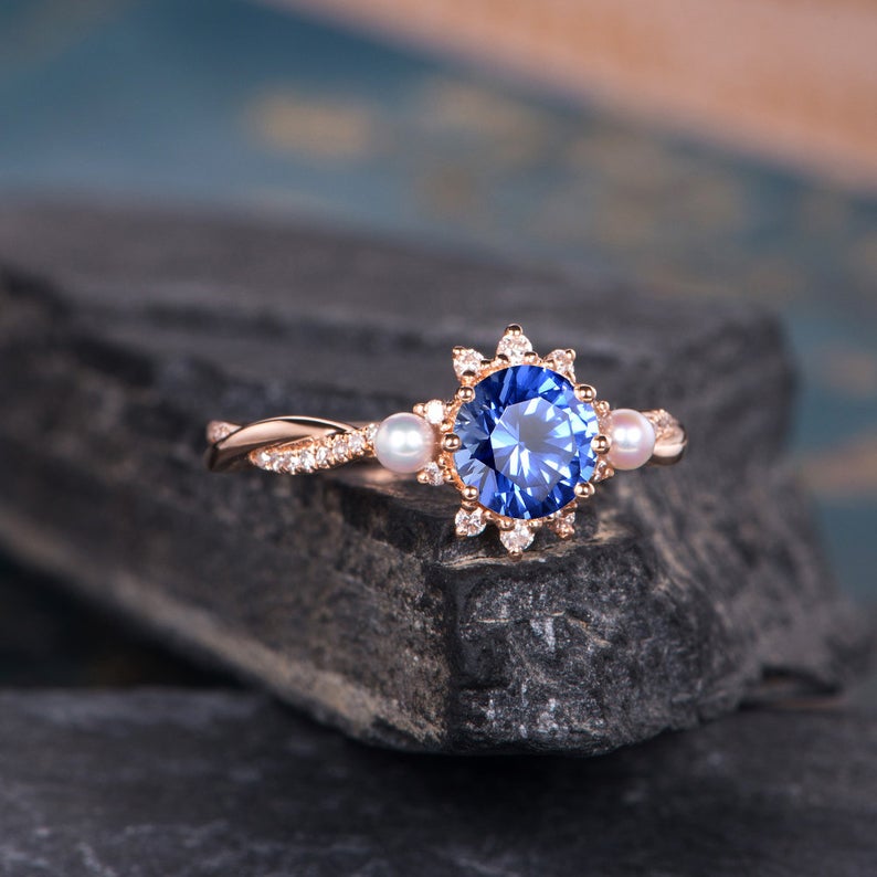 Blue Sapphire & Akoya Pearl Ring, Halo Surround